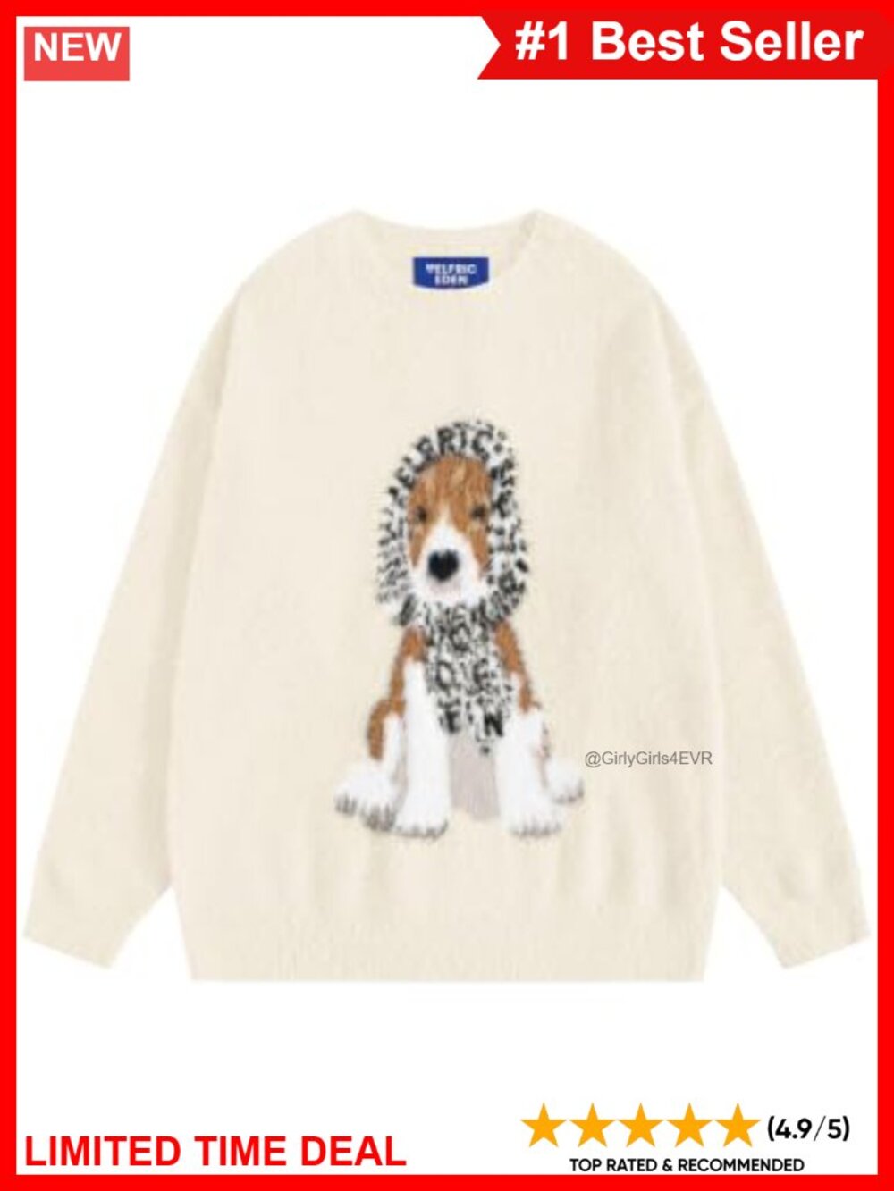 Oversized Crewneck Knit Pullover Sweater Cute Dog Graphic Streetwear Y2K